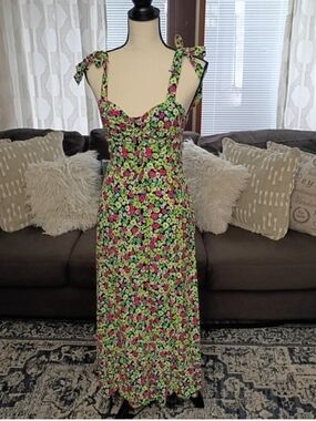 Zara Tie-Shoulder Sleeveless Maxi Dress in Bright Floral Pink And Green